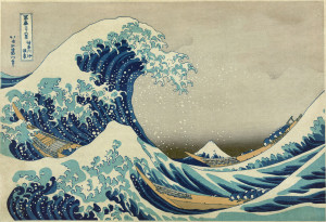 The Great Wave off Kanagawa, the first and best-known print in the series by Hokusai. Japanese title is "Kanagawa oki nami-ura"